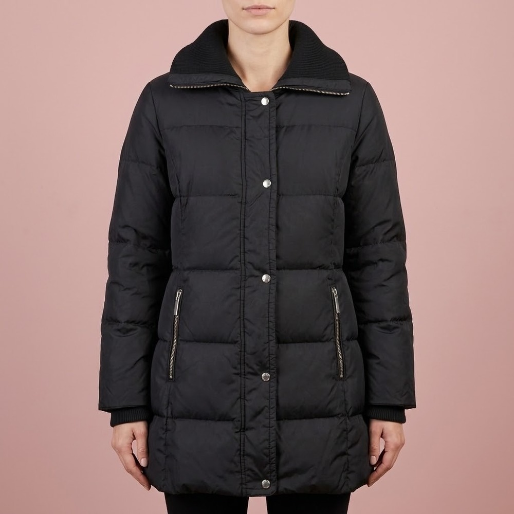 Michael Kors Black Quilted Knit Collar Puffer Coat Womens Small EUC